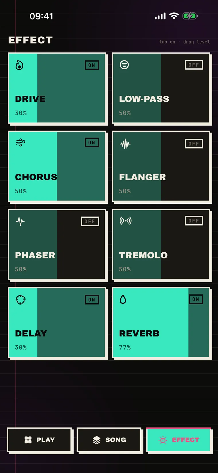 maxChord's effects rack: Drive, Low-pass, Chorus, Flanger, Phaser, Tremolo, Delay and Reverb tiles with intensity fills.