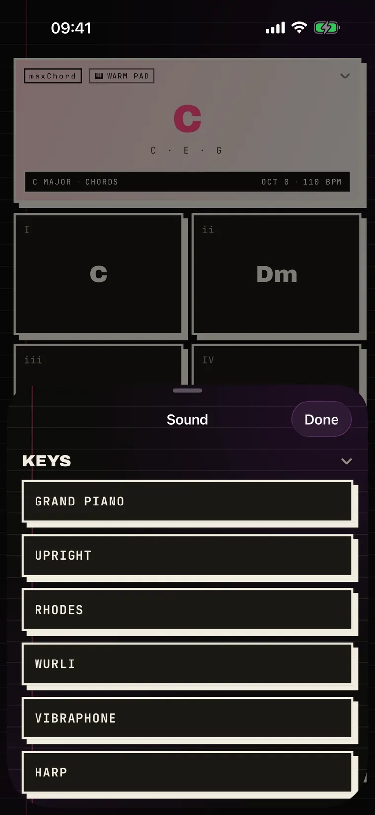 maxChord's instrument picker open on the Keys category — Grand Piano, Upright, Rhodes, Wurlitzer, Vibraphone, Harp.