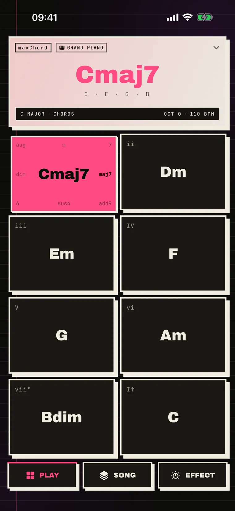 maxChord's play screen with a pad held down, showing the Cmaj7 morph and the eight direction hints around it.