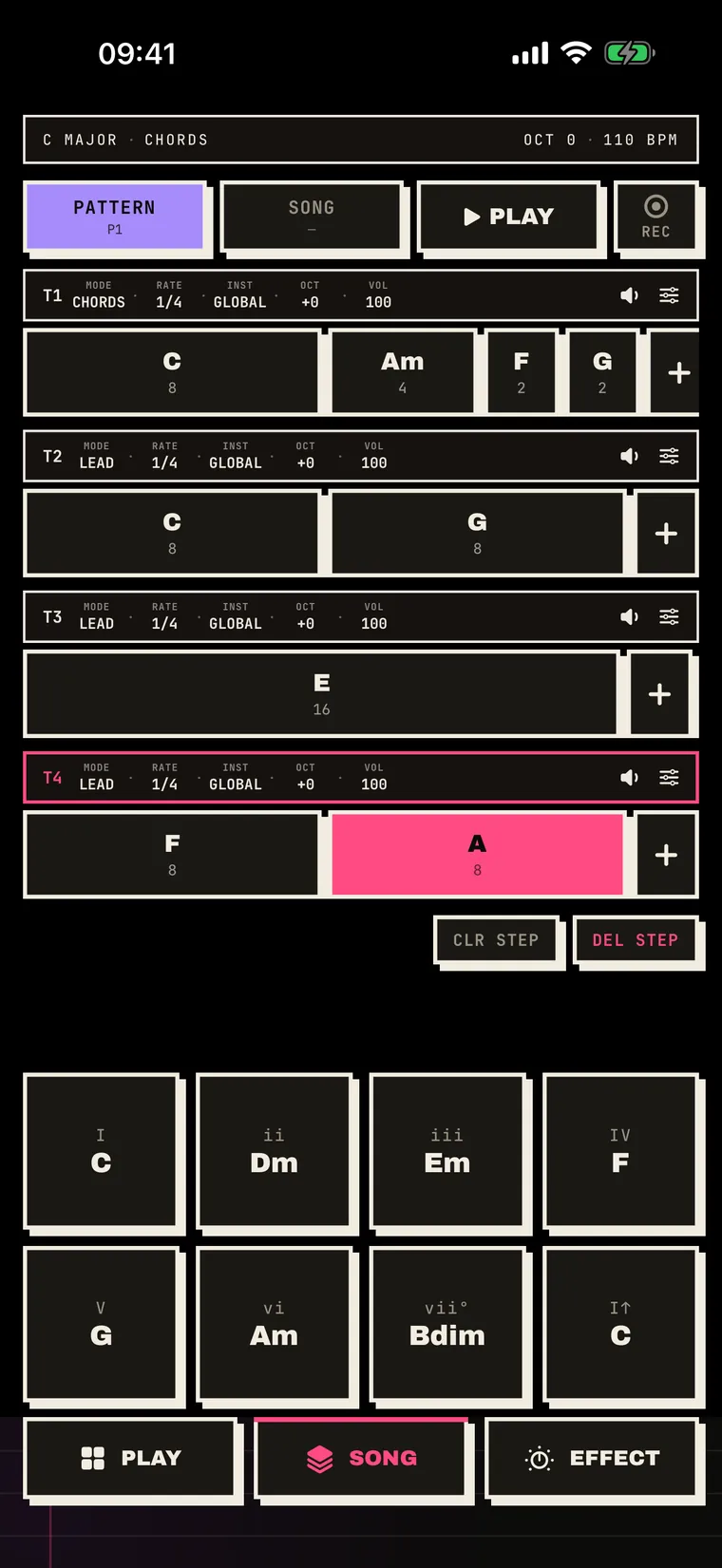 maxChord's sequencer: four tracks of chord tiles, each with its own mode, rate, instrument and volume.